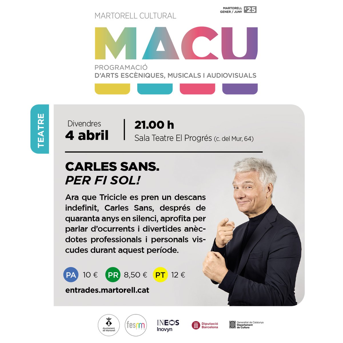 🤣 Carles Sans: “Si voleu riure quatre o cinc vegades per minut, veniu a veure ‘Per fi sol’ aquest divendres”

➡️tuit.cat/CHG3i