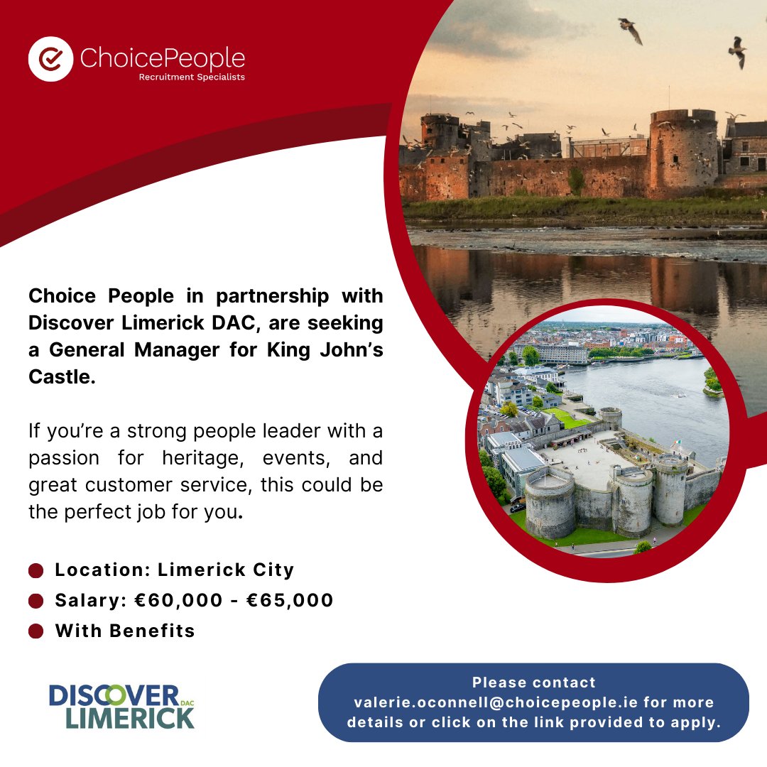 Seeking General Manager for <a href="/KingJohnsCastle/">King John's Castle</a> 
Contact <a href="/valerieoconnel/">Valerie O’ Connell</a> &amp; <a href="/ChoicePeople2/">Choice People</a> with your application
#GeneralManager
#Limerick
#hospitalityindustry #Tourism