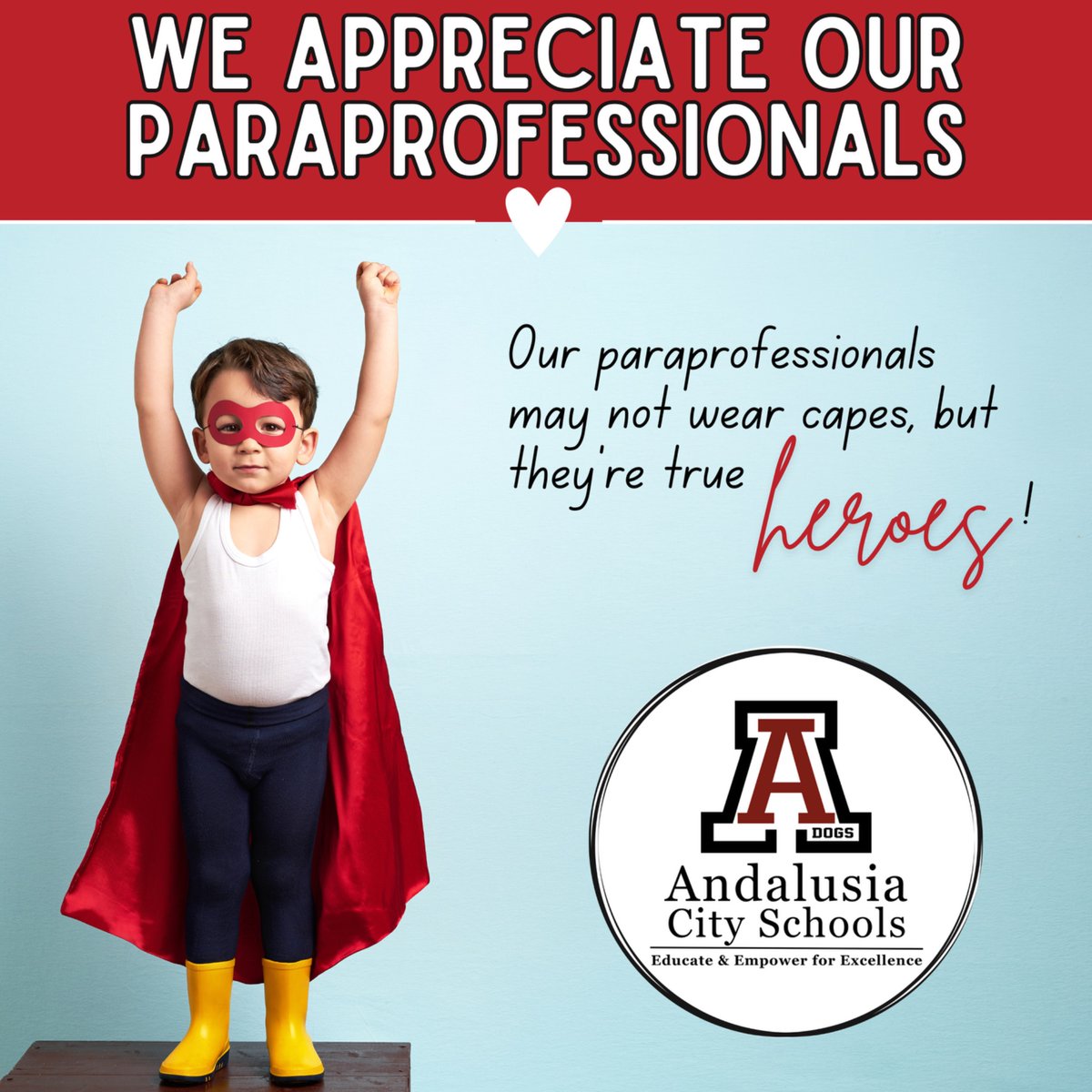 🎉 Happy Paraprofessional Appreciation Day!🎉 
Every day, paraprofessionals provide invaluable support to our students and teachers, making a lasting impact in our schools. #WeAreAndalusia
