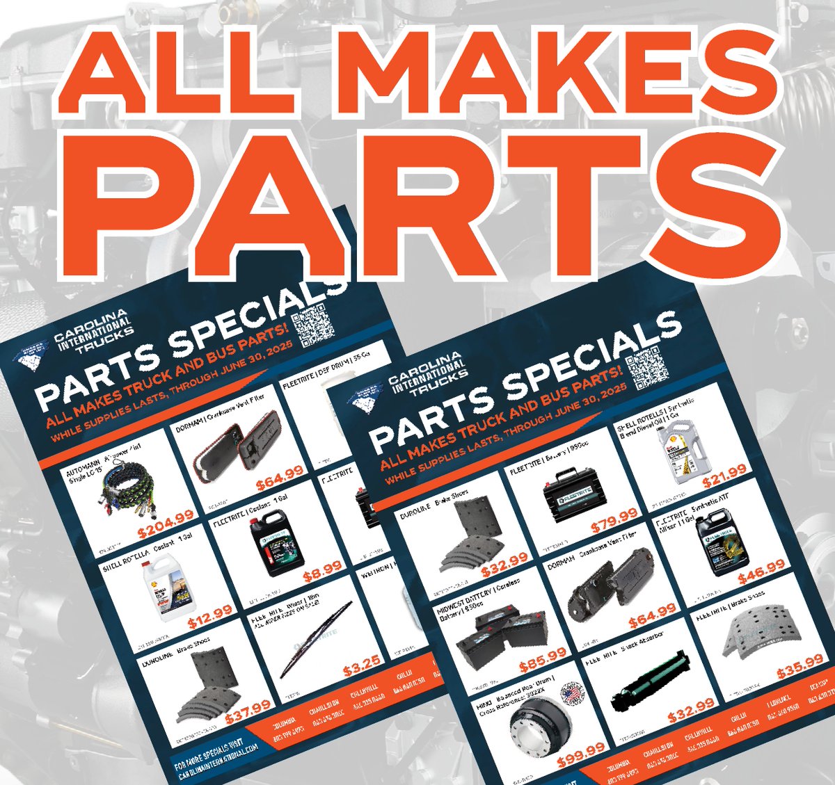 ALL MAKES Smokin’ Deals on the parts you need—now through June 30, 2025! Stock is limited, so don’t wait! Click here to check out all our deals! carolinainternational.com/service-parts-…

#AllMakesParts #TeamCIT #SmokinDeals #TruckPartsSavings