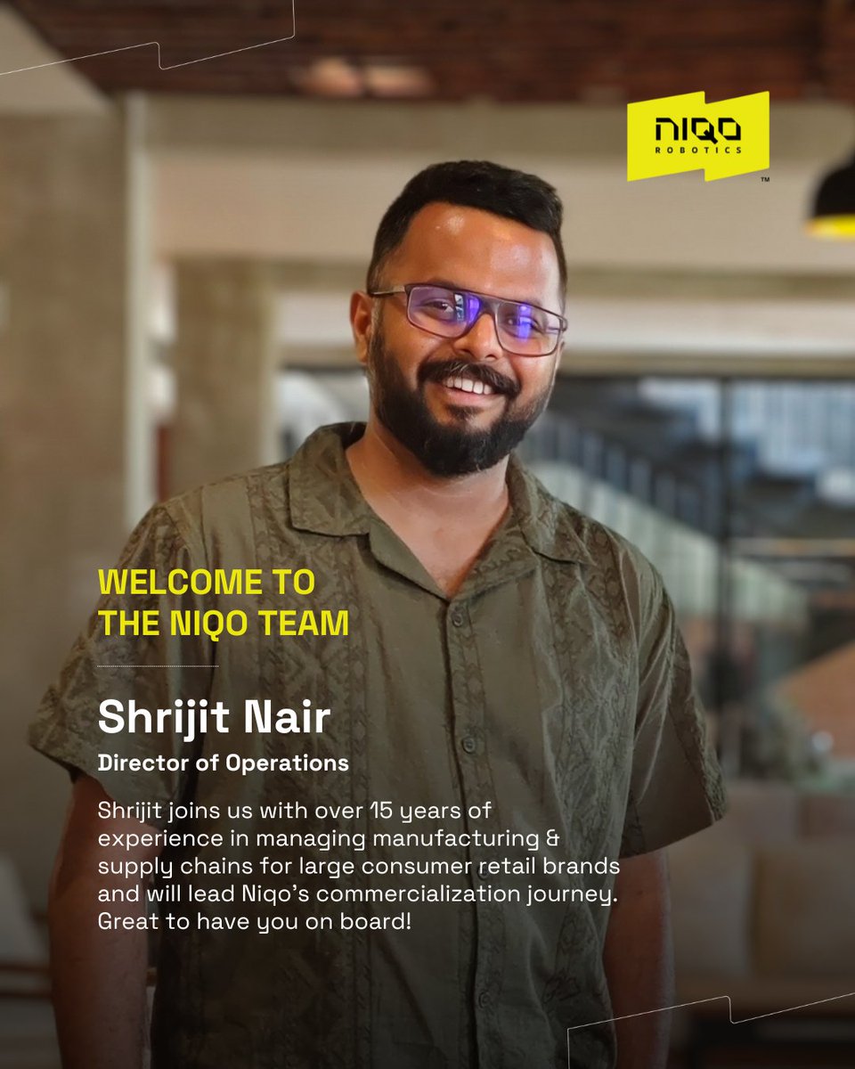 Niqo Robotics welcomes Shrijit Nair, our new Director of Operations!
We're thrilled to have him on board and excited about the journey ahead.
#TeamNiqo #NewHire #Robotics #AI #Welcome