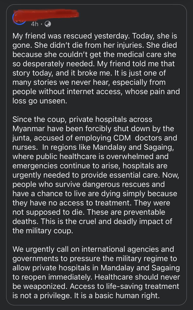 The truth behind the military coup. 
 
Recognizing the NUG as an official government of #Myanmar by international communities is the only way to solve all these problems. 

EMERGENCY AID FOR MYANMAR

#HelpMyanmarQuake 
#WhatsHappeninglnMyanmar 
#HelpMyanmarRecover
