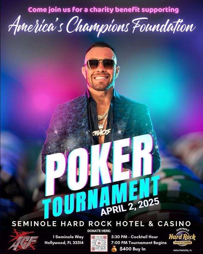 Americaโs Champions Foundation (@americas_champs) on Twitter photo ๐ฃ TOMORROW NIGHT โ Join <a href="/ColbyCovMMA/">Colby Covington</a> for the ACF Charity Poker Tournament inside the Grand Ballroom at <a href="/HardRockHolly/">Seminole Hard Rock Hollywood</a>!
๐ $400 buy-in | Cocktail Hour 5:30 PM | Tournament 7:00 PM
๐๏ธ Proceeds support veterans & first responders
๐๏ธ Info: americaschampions.org
#PokerNight ๐ฃ TOMORROW NIGHT โ Join <a href="/ColbyCovMMA/">Colby Covington</a> for the ACF Charity Poker Tournament inside the Grand Ballroom at <a href="/HardRockHolly/">Seminole Hard Rock Hollywood</a>!
๐ $400 buy-in | Cocktail Hour 5:30 PM | Tournament 7:00 PM
๐๏ธ Proceeds support veterans & first responders
๐๏ธ Info: americaschampions.org
#PokerNight