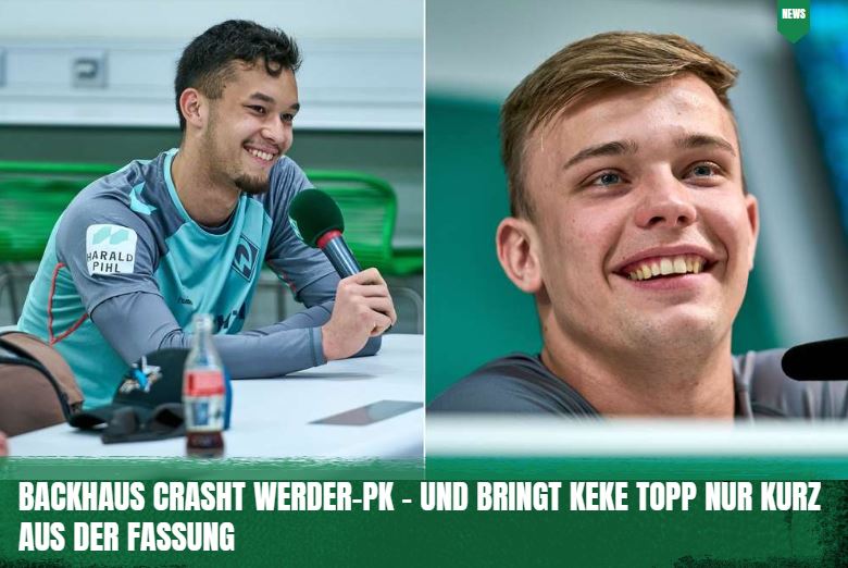 DeichStube's tweet image. Mio #Backhaus crasht die Pressekonferenz von Keke #Topp - seine beiden Fragen bringen den #Werder-Teamkameraden aber nur kurz ins Schwitzen👉tinyurl.com/2uyhdzx8

#DeichsTube #WerderPK #Bundesliga