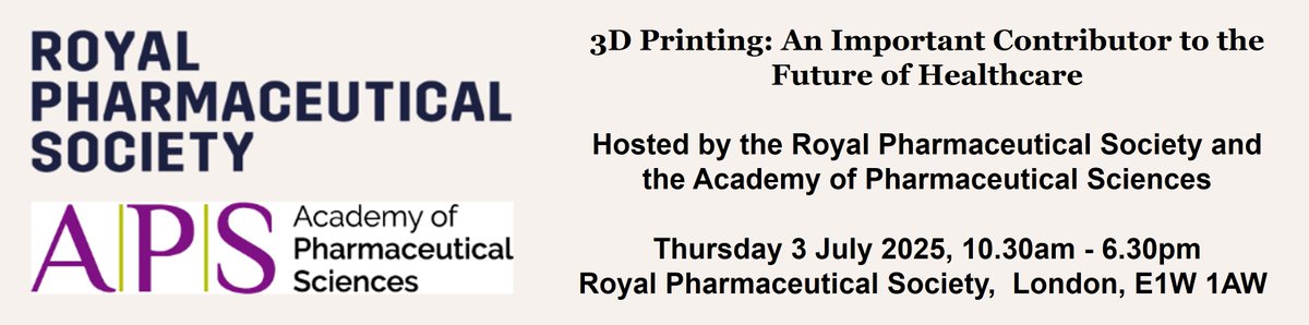 We are pleased to be co-hosting the "3D Printing: An Important Contributor to the Future of Healthcare" Conference with the Royal Pharmaceutical Society on 3 July 2025. Reduced registration fees available to APS Members. Find out more &amp; get tickets here (apsgb.co.uk/event/3d-print…)