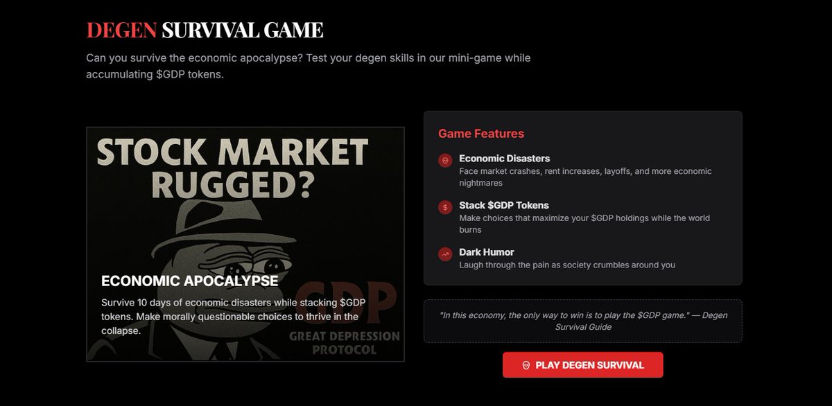 We just launched our mini-game: DEGEN SURVIVAL 💀

Face market crashes, rent increases, layoffs, and more economic nightmares

Play here: gdp.fail