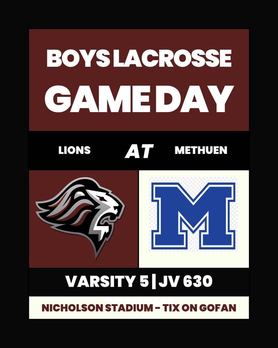 Boys Lacrosse Season Opener on the Road at Methuen!  
Let's Go Lions!  🥍🥍🥍🥍🥍
<a href="/LionsBoysLaX/">CHS Boys Lacrosse</a> <a href="/CHSASBoosters/">Chelmsford Booster Club</a> <a href="/CHS_Tundra/">The Tundra</a> <a href="/CPSchoolsMA/">Chelmsford Public Schools</a>