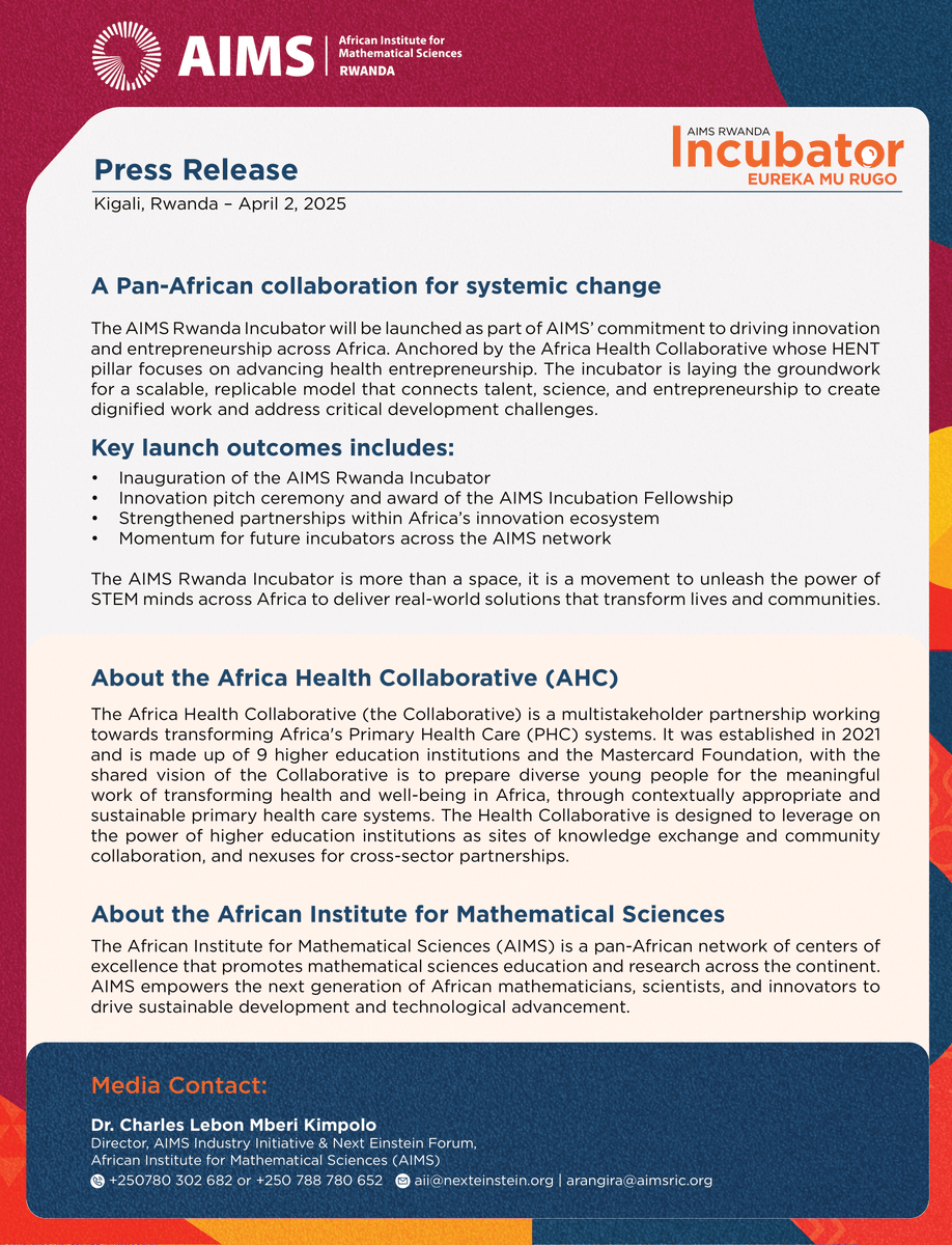 African Institute for Mathematical Sciences (AIMS) (@aims_next) on Twitter photo 🚀Big news!
Tomorrow we launch the <a href="/AIMS_Rwanda/">AIMS RWANDA</a> Incubator, a bold step in our #Entrepreneurship & #Innovation Program to equip our #alumni with the skills, #resources & #mentorship, to build scalable ventures in tackling #Africa’s challenges.
Stay tuned!
💡#STEMInnovation #Africa 🚀Big news!
Tomorrow we launch the <a href="/AIMS_Rwanda/">AIMS RWANDA</a> Incubator, a bold step in our #Entrepreneurship & #Innovation Program to equip our #alumni with the skills, #resources & #mentorship, to build scalable ventures in tackling #Africa’s challenges.
Stay tuned!
💡#STEMInnovation #Africa