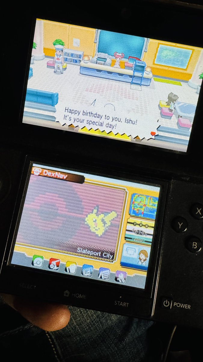 PsyPhilosopherX's tweet photo. "🎉 My @Pokemon  Omega Ruby game just wished me a happy birthday! 🎂✨ Feeling special today thanks to my Nintendo 3DS and the Pokémon world. 🥳 #PokemonOmegaRuby #Pokemon https://t.co/Zy8K8HkwmI