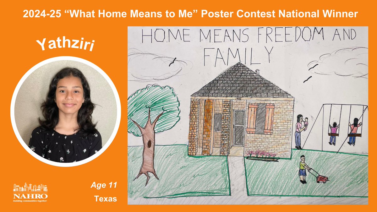 Meet Yathrizi (age 11) from Texas, NAHRO's 2024-25 #WhatHomeMeanstoMe poster contest winner featured in our calendar for April!

Interested in participating in this year's poster contest? All entries start at the state or regional level. Learn more: nahro.org/calendar