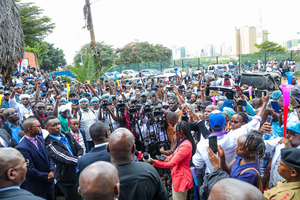 HonAdenDuale's tweet photo. In my address to hundreds of healthcare workers at Afya House, I pledged to address long-standing employment concerns affecting them, under the Universal Health Coverage (UHC) program, within the next three weeks.

I assured them of my commitment to resolving key issues, including the settlement of gratuity and transitioning workers with over five years of service to Permanent and Pensionable (PnP) terms.

Moreover, I emphasized fairness and equity in addressing health sector concerns through consultative solutions that prioritize the welfare of healthcare professionals. 

Additionally, I reaffirmed my commitment to strengthening Kenya's healthcare system while cracking down on unqualified practitioners in the sector.

I was joined by the Ministry's top leadership led by Principal Secretaries Ms @psmuthoni (Public Health and Professional Standards) and Mr. Harry Kimtai (Medical Services) as well DG Health Dr. @DrPatrickAmoth.