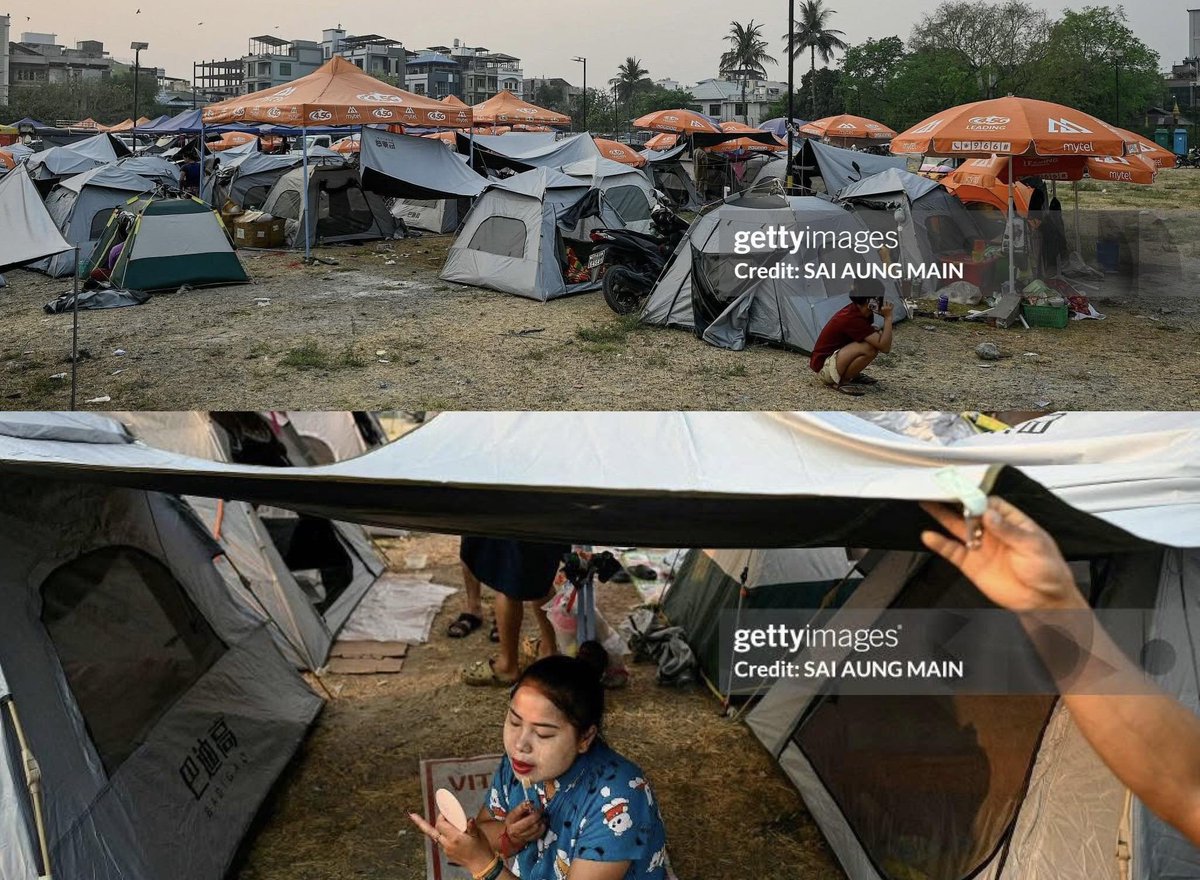 TayTawanMyanmar's tweet photo. Hundreds in Mandalay are sheltering in makeshift camps after the deadly Myanmar earthquake, uncertain when they can return home. Many spent the night on cardboard under plastic tarps, waiting for relief.

EMERGENCY AID FOR MYANMAR
#HelpMyanmarQuake https://t.co/3uBnhzTjuR