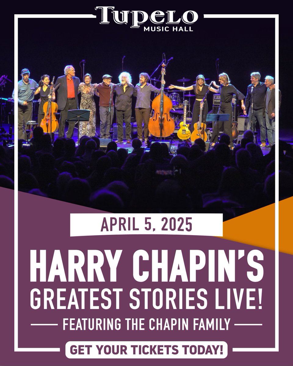 HOT SHOW ALERT: This Saturday we have Harry Chapin’s Greatest Stories LIVE featuring The Chapin Family! Don’t miss this unforgettable night of music! Tickets: tickets.tupelohall.com/HarryChapinsGr…
