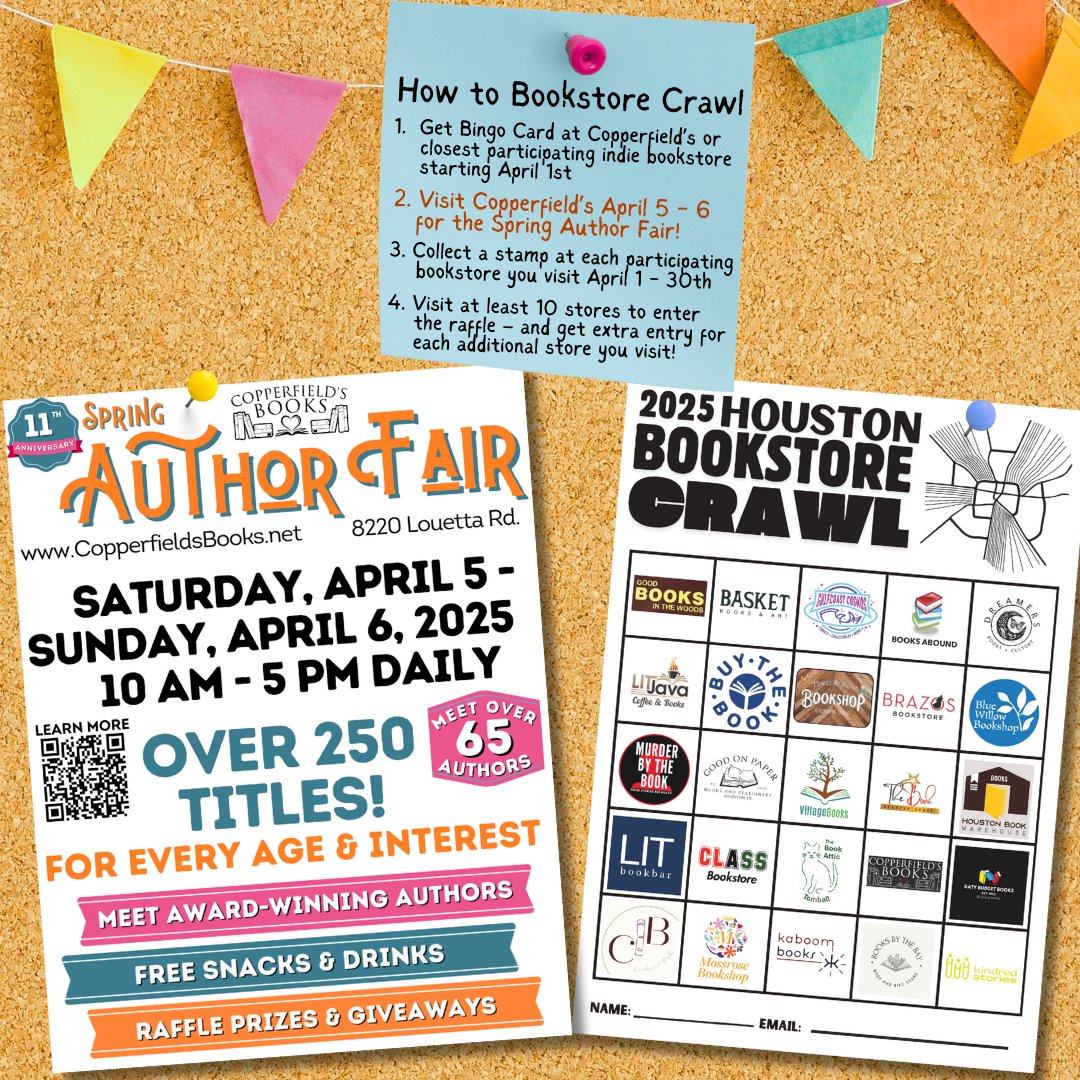 CopperfieldsBo1's tweet photo. The 2025 Houston Bookstore Crawl starts today!! Add Copperfield's Books to your crawl route THIS weekend and meet over 65 authors and artists at the 11th Annual Spring Author Fair!  Preview the authors &amp; titles at: https://t.co/0UZbIHKQpY

@htxbookscrawl #htxbookcrawl #htxreads https://t.co/yeZCqaLmqh