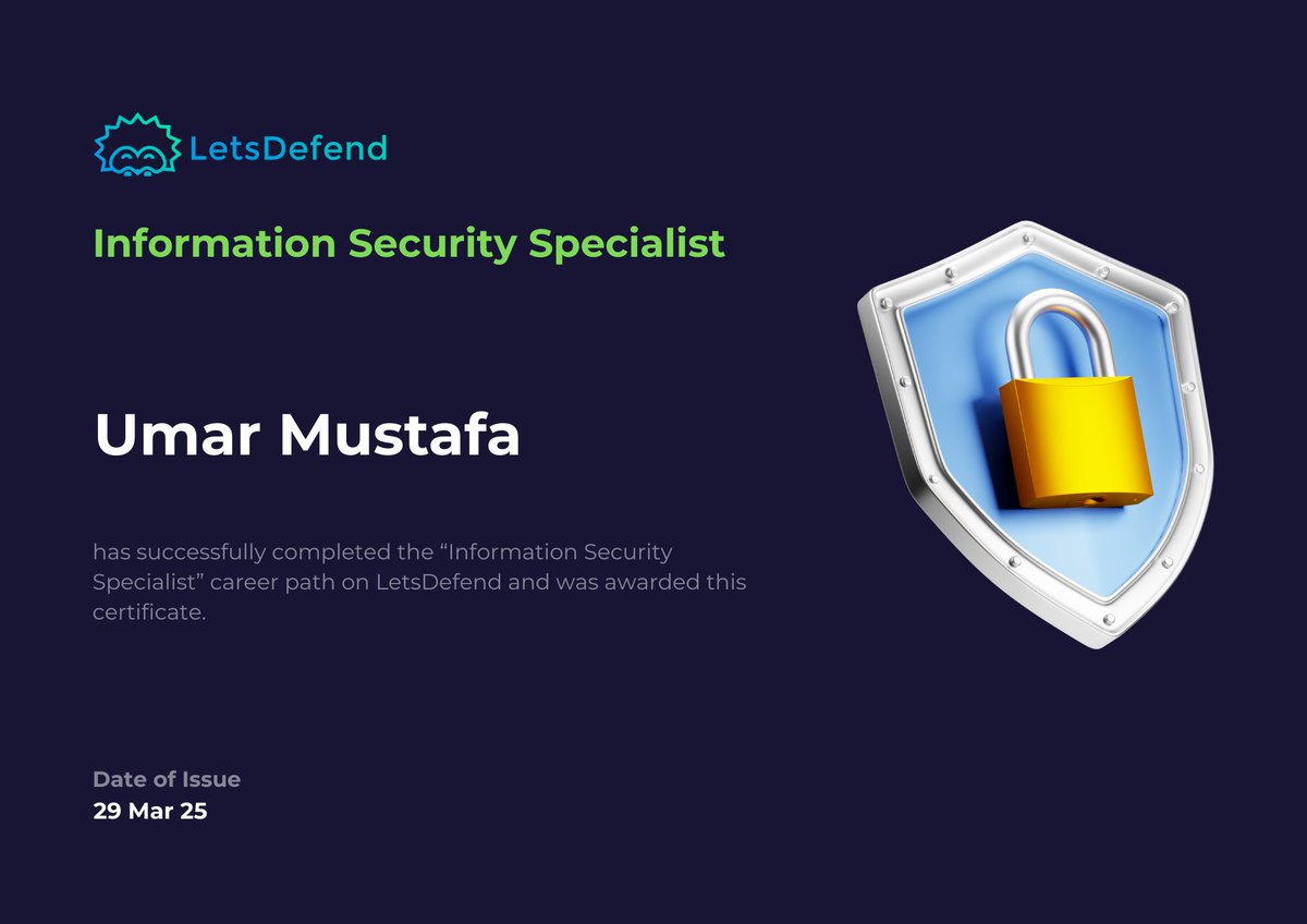 Finished this path on <a href="/LetsDefendIO/">LetsDefend</a> 
Interesting modules under the path such as Identity and Access Management (IAM), Information Security Guidelines, Risk Management and others
#letsdefend <a href="/Cyblackorg/">CyBlack</a> <a href="/ireteeh/">Dr Iretioluwa Akerele</a> <a href="/judeosamor/">Chucks</a> <a href="/thompsonever/">Akpuruekwe</a>