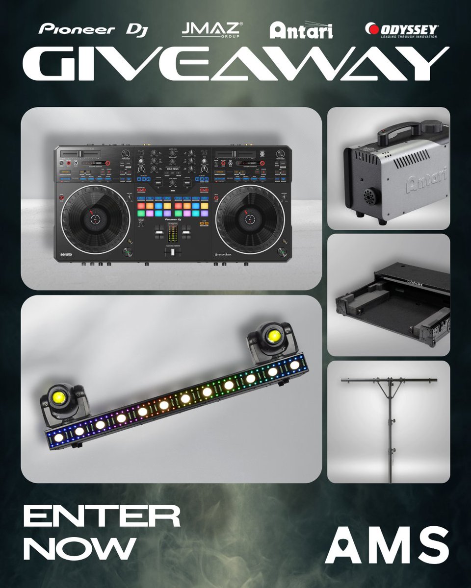 AmericanMusical's tweet photo. An incredible gear package for DJ's who want to perform live. Upgrade your DJ rig with the @PioneerDJ #DDJREV5 #DJcontroller, @JMAZLighting #VersaFlexBar, @AntariOfficial #FogMachine, &amp; an @Odyssey_Gear Flight Case &amp; Lighting truss!

Enter here: https://t.co/UYZBhIeDvx https://t.co/ehfeqO3tB4