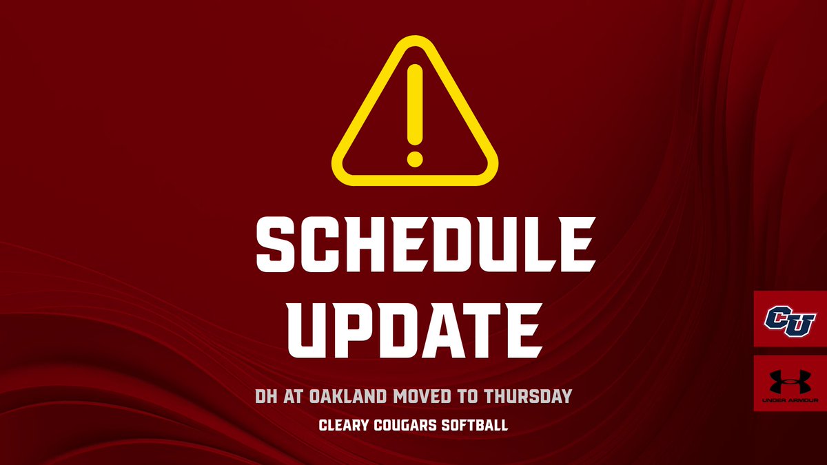 Cleary Athletics (@athleticscleary) on Twitter photo <a href="/SoftballCleary/">ClearyCougarSoftball</a>'s double-header at Oakland originally scheduled for Wednesday has BEEN MOVED to Thursday, April 3, due to the projected weather
Game one is still set for 2:00 PM <a href="/SoftballCleary/">ClearyCougarSoftball</a>'s double-header at Oakland originally scheduled for Wednesday has BEEN MOVED to Thursday, April 3, due to the projected weather
Game one is still set for 2:00 PM