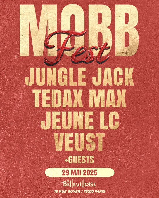 🎤CONCERT🎤

Le 29 mai à partir de 20h, MOBB FEST débarque à La Bellevilloise (Paris 20) pour une soirée 100% rap🔥
Avec : Jungle Jack, Tedax Max, Jeune LC &amp; Veust
🎫 Billetterie : shotgun.live/events/mobb-fe…
<a href="/mobbfest/">MOBB FEST</a>