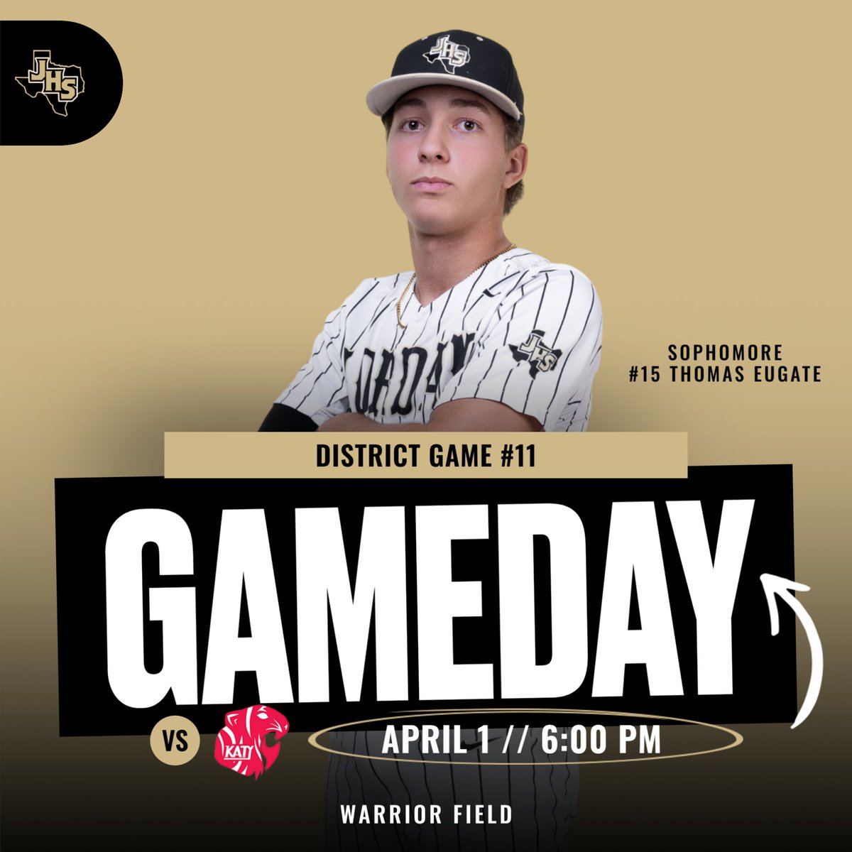 ‼️DISTRICT GAME #11‼️

🆚Katy Tigers
📅April 1, 2025
🏫Warrior Field
⏲️6:00pm