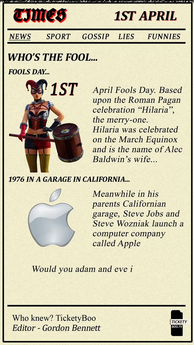 TicketyBooTv's tweet photo. On this day
April Fool and the ultimate garage band - Apple 
#AprilFoolsDay #Onthisday #History https://t.co/perBuSOWHY