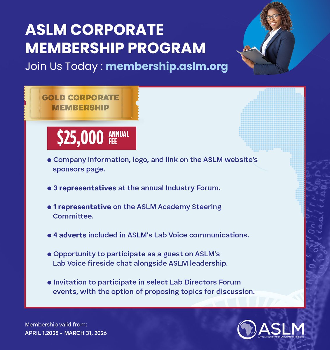 ASLM is excited to launch a new corporate membership program, offering an exclusive opportunity for the private sector to engage with industry experts, enhance visibility, and forge strategic partnerships that drive impact across Africa. 

🔹 Corporate Membership Benefits:
✅
