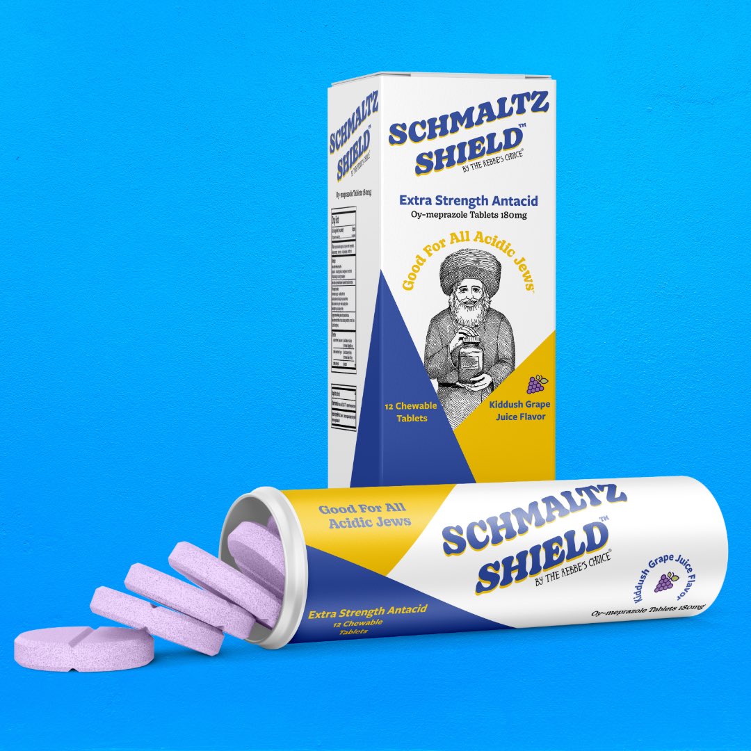 Introducing: Schmaltz Shield™ – Schmaltz Happens. Be Ready. 💥

Fressing too hard at Kiddush? Fight back with 12 chewable Kiddush Grape Juice flavored tablets packed with extra strength 180mg Oy-meprazole, because reflux shouldn’t ruin your Shabbos 

rebbeschoice.com/products/schma…