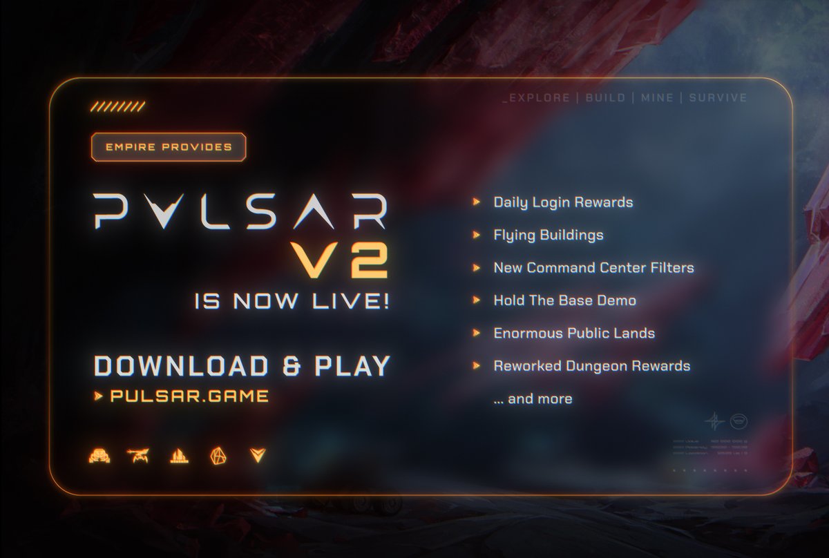 PULSAR V2 is live.

Log in. Hold the base. Explore the unknown. And for the first time—fly your buildings.

Welcome to V2.