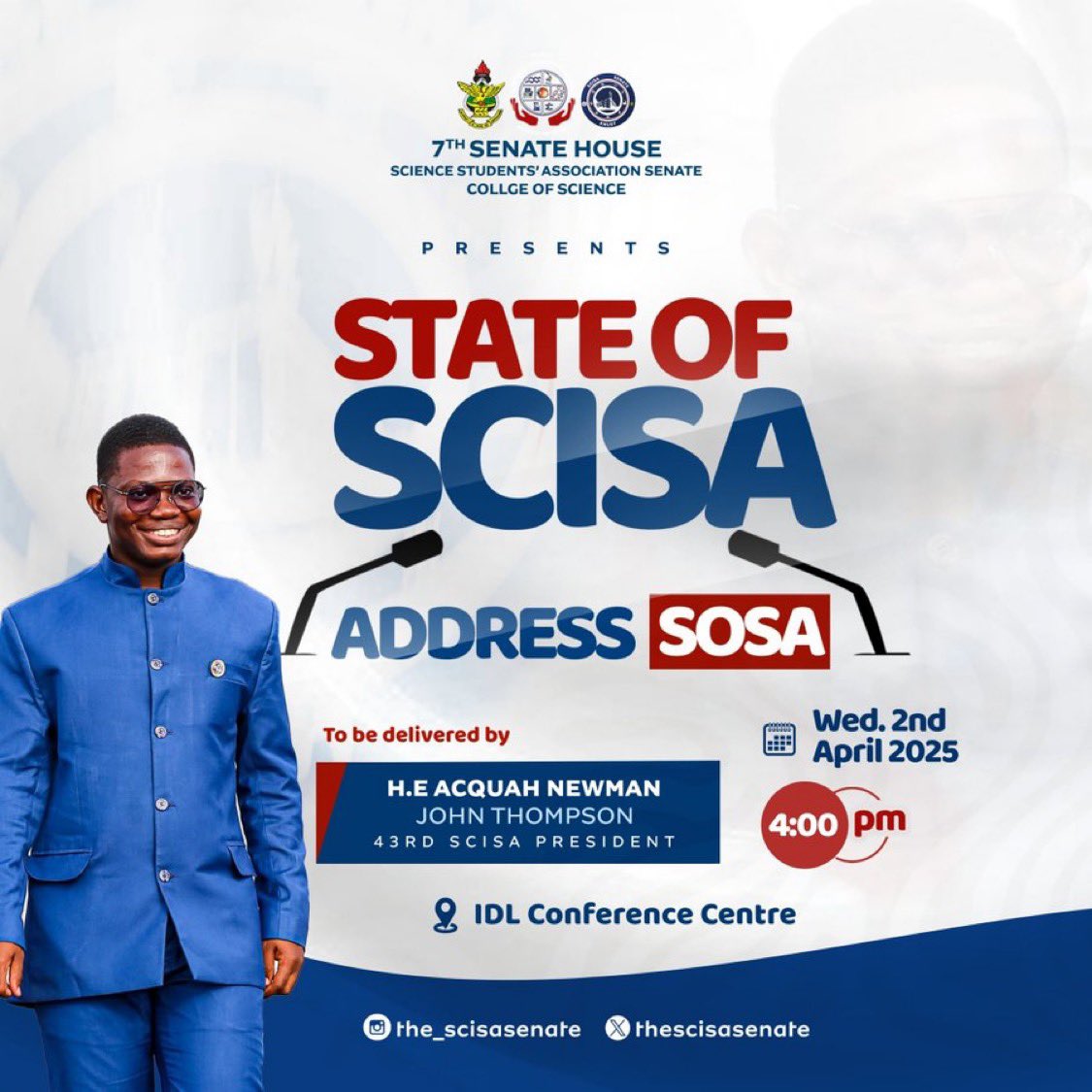 theknustgazette's tweet photo. Condition of SCISA Discourse π£οΈπ€
Greetings, SCISANS,
You are warmly welcomed to the much-awaited Condition of SCISA Discourse, to be presented by H.E. Acquah N.J. Thompson, our distinguished 43rd SCISA Leader.
#SCISA
#SOSA25
#WePossesstheGlobe #KNUST_Src
#zonauang
#λ§μ°μ https://t.co/5a7E7vsFgE
