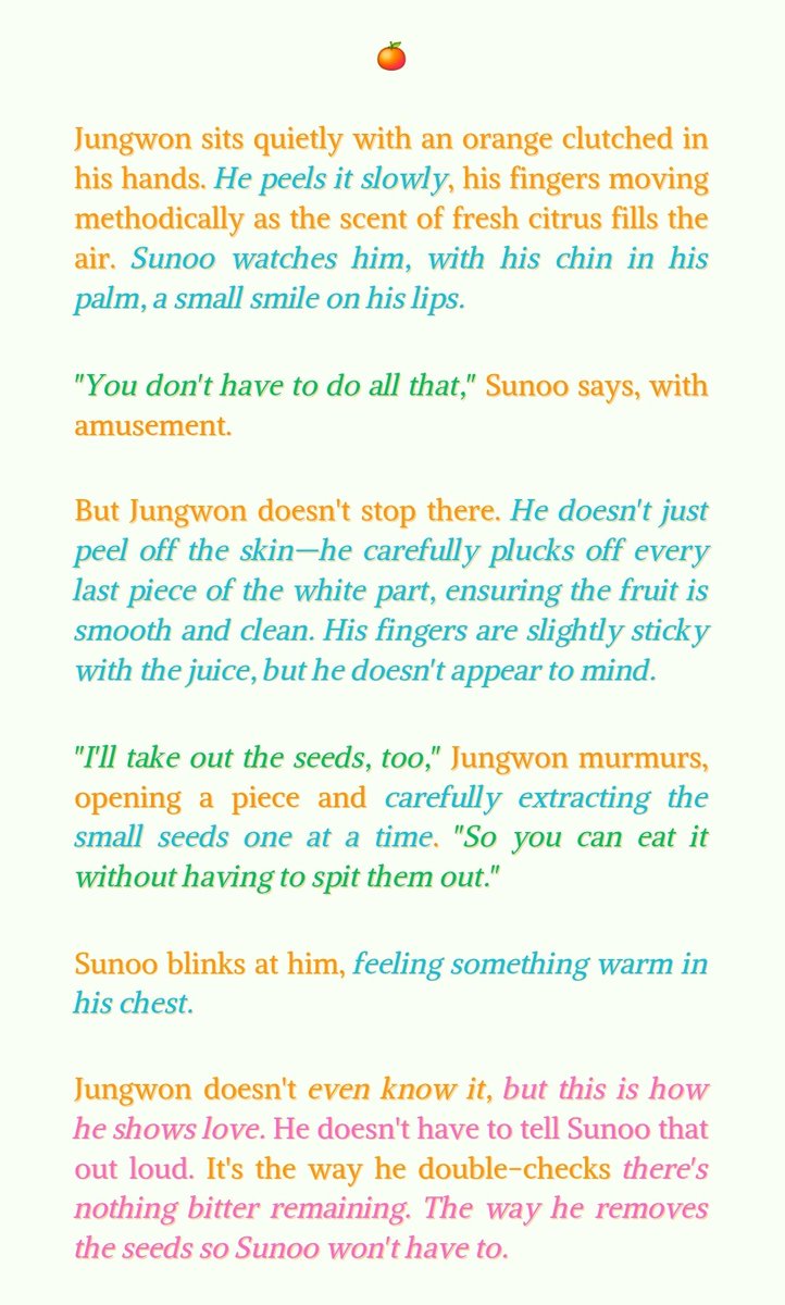 delwonte's tweet image. 🍊. . .🧡💛 
静かな愛 ;
I’ll Always Peel Oranges for You . . .
— #sunwon drabble au 🍊
