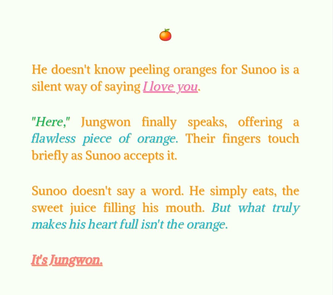 delwonte's tweet image. 🍊. . .🧡💛 
静かな愛 ;
I’ll Always Peel Oranges for You . . .
— #sunwon drabble au 🍊