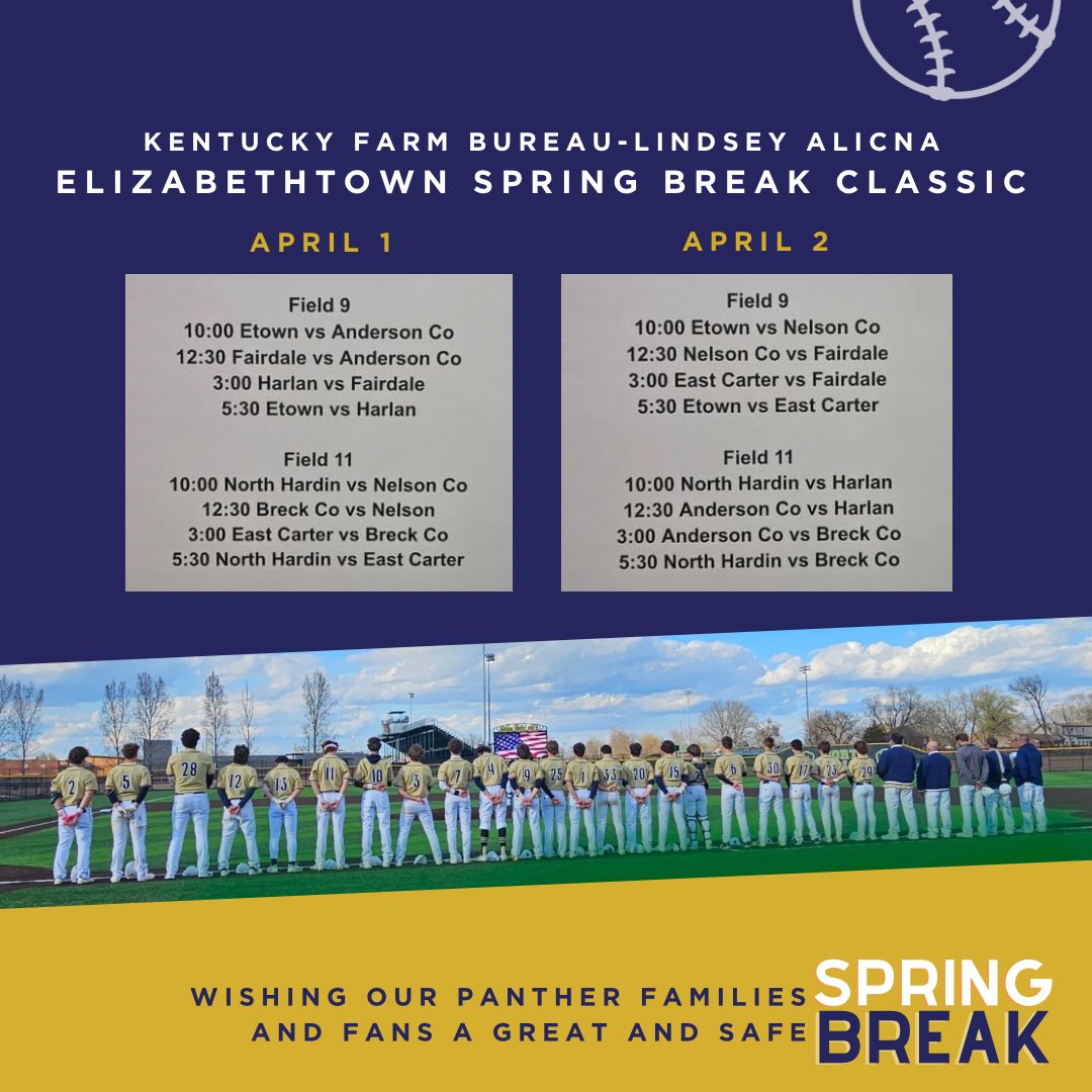 EHS Baseball is hosting 2 great days of baseball at the Elizabethtown Sports Park!  The Kentucky Farm Bureau-Lindsey Alicna Elizabethtown Spring Break Classic Admission is $10 per day.  Come out and catch some great high school baseball action! 🐾

**Schedule posted below.**