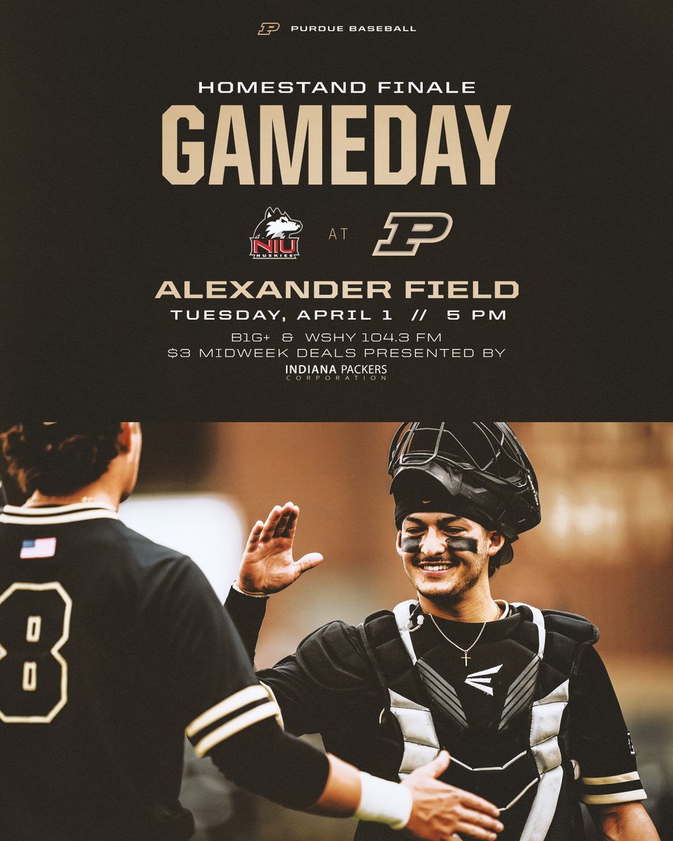 Purdue Baseball (@purduebaseball) on Twitter photo Celebrating the arrival of April with the last of 12 straight games at Alexander. #BoilerUp
π π πΆ
π 5pm
πͺ @MaclaneFinley2 makes 1st start
π«‘ Military Appreciation Night
βοΈ $3 Deals on ποΈππΊπΏ presented by <a href="/IndianaPackers/">Indiana Packers Corp</a>
βΎοΈ B1G+ & WSHY 104.3 FM
π« boile.rs/BSBtix25X Celebrating the arrival of April with the last of 12 straight games at Alexander. #BoilerUp
π π πΆ
π 5pm
πͺ @MaclaneFinley2 makes 1st start
π«‘ Military Appreciation Night
βοΈ $3 Deals on ποΈππΊπΏ presented by <a href="/IndianaPackers/">Indiana Packers Corp</a>
βΎοΈ B1G+ & WSHY 104.3 FM
π« boile.rs/BSBtix25X
