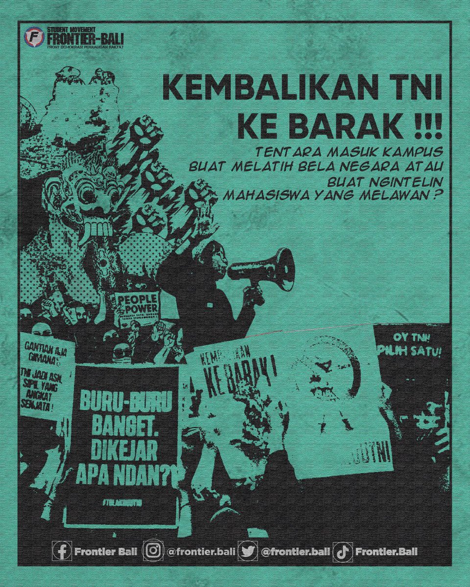 Tolak Militer Masuk Kampus!!! 

Waspada sejak disahkannya UU TNI beberapa kampus sudah disusupi Tentara dengan dalih kolaborasi. Padahal hal tersebut merupakan bentuk pembungkaman 

#tolakUUTNI
#peringatandarurat
#indonesiagelap
#studentmovement 
#mahasiswa 
#FrontierBali
