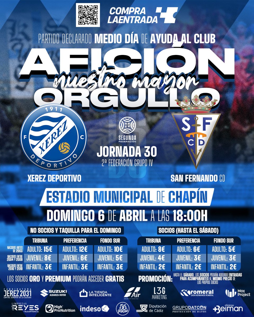 XerezDFC's tweet photo. CARTEL 🔵 | #XerezSanFernando

🤝 𝐌𝐞𝐝𝐢𝐨 𝐃𝐢𝐚 𝐝𝐞 𝐀𝐲𝐮𝐝𝐚 𝐚𝐥 𝐂𝐥𝐮𝐛

🏆 Jornada 30 #SegundaFederacion 
🗓️ Domingo 6 de abril
🕕 18:00 h. 
🆚 @SanFernando_CD
 🏟️ Chapín

🔊 𝐏𝐑𝐎𝐌𝐎: Los socios, además de su entrada, podrán adquirir entradas a precio de socio para acompañantes hasta el sábado.

🎟️ Venta de entradas online en @Compralaentrada y en oficina ➡️ https://t.co/OIzaZzd23y