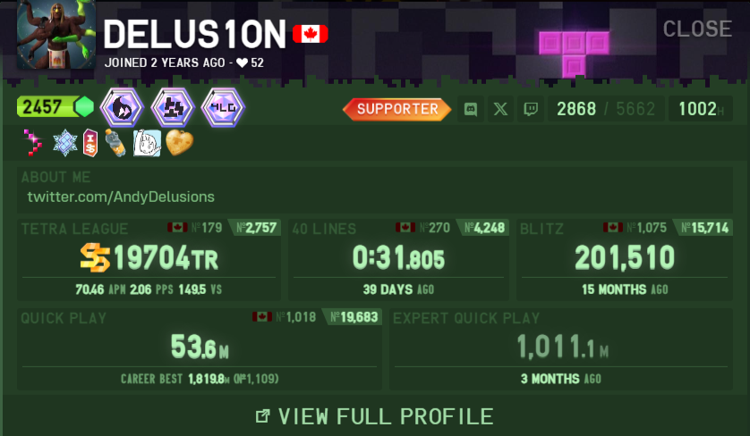AndyDelusions's tweet photo. 1000 hours in tetrio and still not a perma U rank honestly I'm a failure https://t.co/M3VMXKeExL