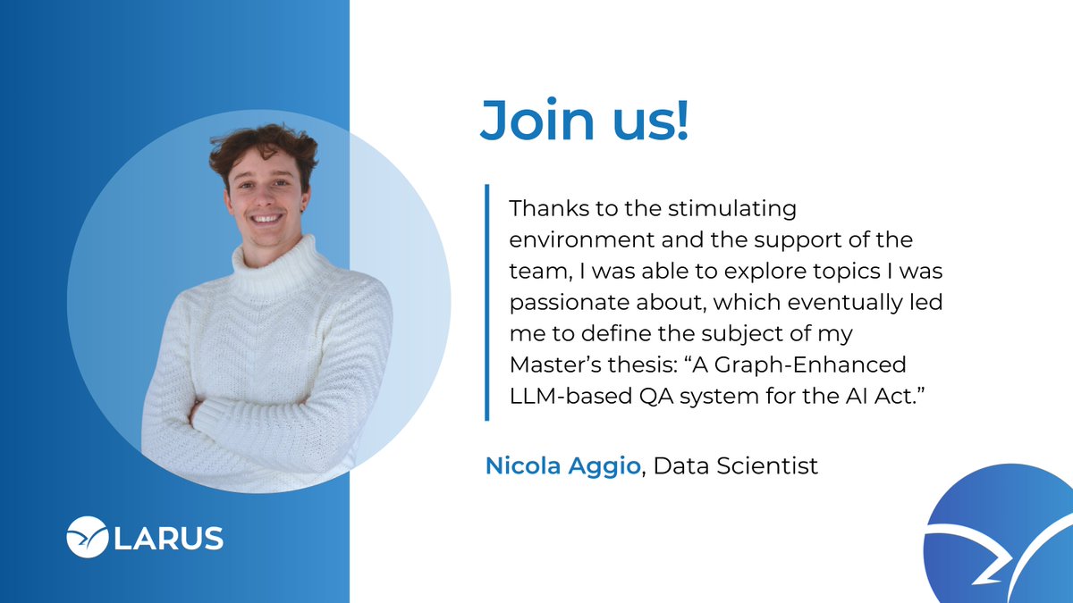 LARUS (@agilelarus) on Twitter photo Open doors for the curious—just like Nicola Aggio, recent graduate from <a href="/CaFoscari/">Unive Ca' Foscari</a> University with his thesis: A Graph-Enhanced #LLM-based Question Answering System for the #AIAct.
Read more about his and other former student-workers' experiences here: larus-ba.it/join-us/
#AI Open doors for the curious—just like Nicola Aggio, recent graduate from <a href="/CaFoscari/">Unive Ca' Foscari</a> University with his thesis: A Graph-Enhanced #LLM-based Question Answering System for the #AIAct.
Read more about his and other former student-workers' experiences here: larus-ba.it/join-us/
#AI