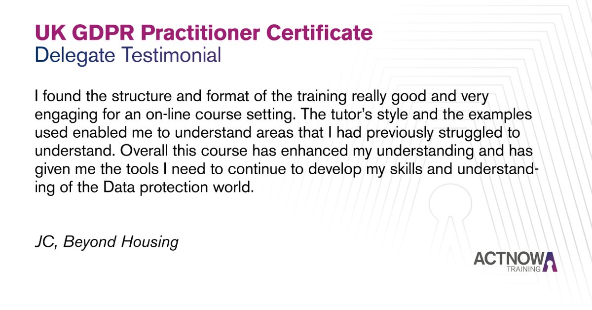 Looking to deepen your understanding of UK GDPR? Our Practitioner Certificate blends theory with real-world application, perfect for those taking on the DPO role.

For more information and to book your space, please visit our website - actnow.org.uk/gdprcertificate
