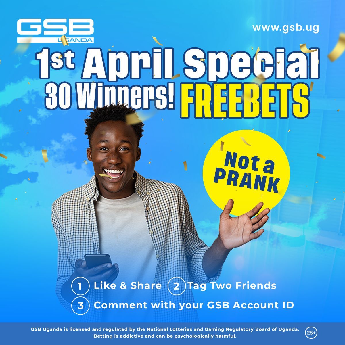 GSB Uganda (@gsb_uganda) on Twitter photo To us, April Fool's Day is cancelled this year! ๐๐ ๐ฅ๐ฎ๐๐ค๐ฒ ๐ฉ๐ฎ๐ง๐ญ๐๐ซ๐ฌ have a chance to win a FreeBet of 5,000 UGX each to kickstart your winning run.
It's simpleโLike, Share, and Tag 2 friends, then comment with your GSB Account ID.
T&Cs apply. Winners will be announced To us, April Fool's Day is cancelled this year! ๐๐ ๐ฅ๐ฎ๐๐ค๐ฒ ๐ฉ๐ฎ๐ง๐ญ๐๐ซ๐ฌ have a chance to win a FreeBet of 5,000 UGX each to kickstart your winning run.
It's simpleโLike, Share, and Tag 2 friends, then comment with your GSB Account ID.
T&Cs apply. Winners will be announced