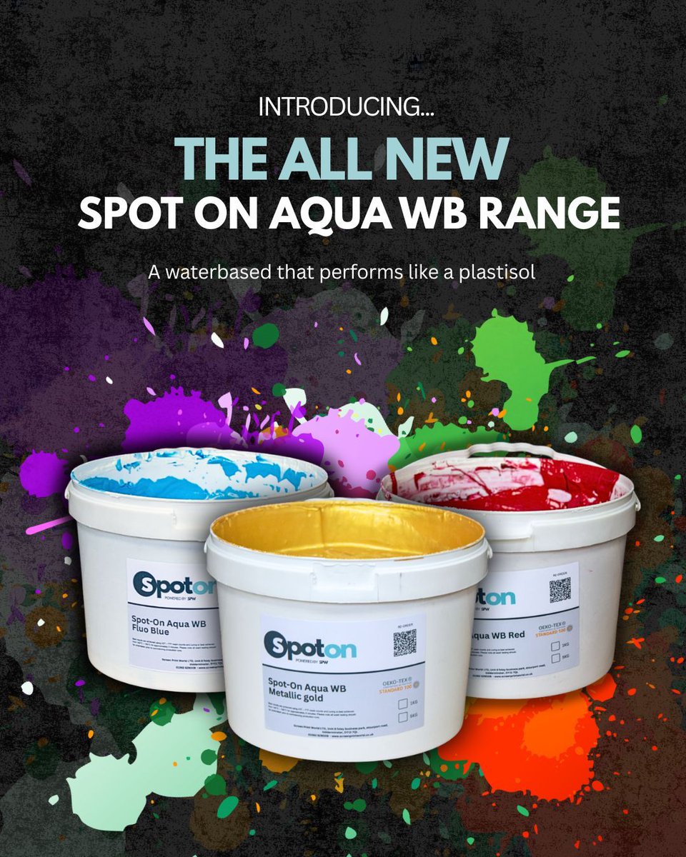 _screenprint's tweet photo. Say HELLO to our new range of Spot On Waterbased Inks! 👋 

Our pre-mixed, ready-to-print inks are formulated with your favourite hybrid base, offering the performance of plastisol while delivering the high-quality look and feel of traditional waterbased inks. 

#screenprint https://t.co/DhqoKwSJdQ