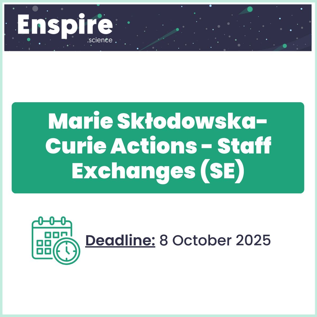 🚀 MSCA-SE Deadline: Oct 8, 2025!

Funding for international &amp; inter-sectoral R&amp;I exchanges is open!

🔍 Get expert guidance 👉 buff.ly/7gfW17O
📖 Learn more 👉 buff.ly/5TFz2wq

#MSCA #HorizonEurope #ResearchFunding