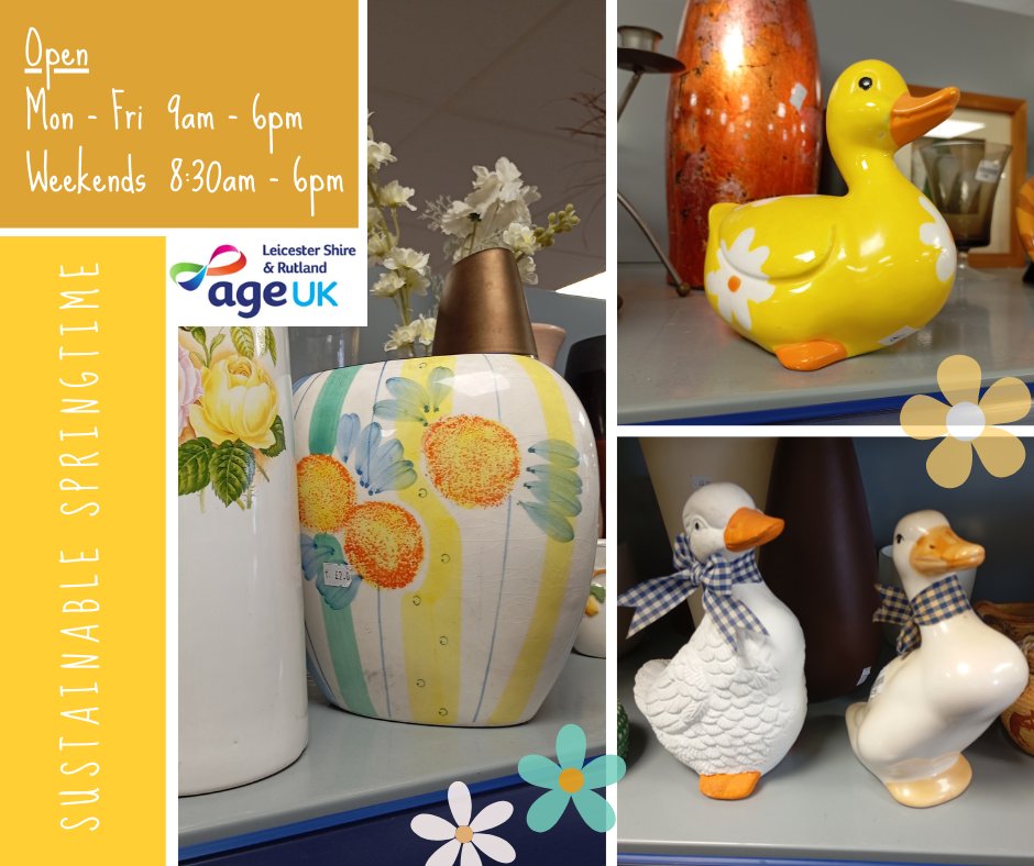 The AgeUK Reuse Shop at Gypsum Close Recycling Centre is now open with extended hours for the spring and summer.

Pop down and treat yourself to a bargain - perfect to brighten up your home for spring 🌼🌷

For full details visit ow.ly/OFrS50Regu0