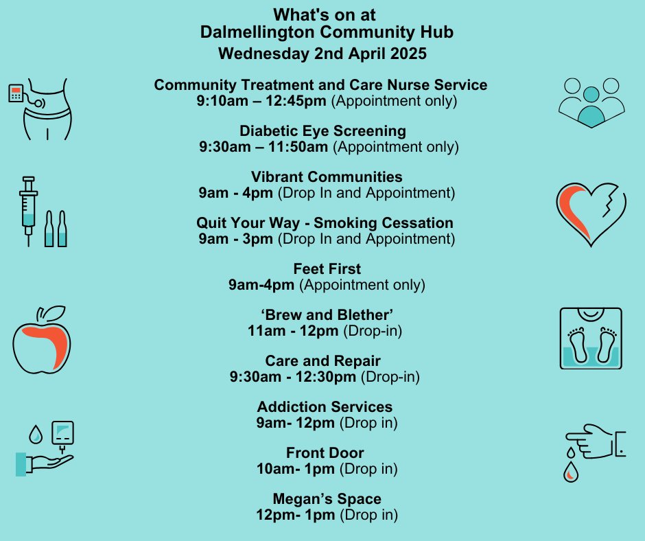 Here's what's on at Dalmellington Hub tomorrow (2nd April).
 #Dalmellington #DalmellingtonHub
