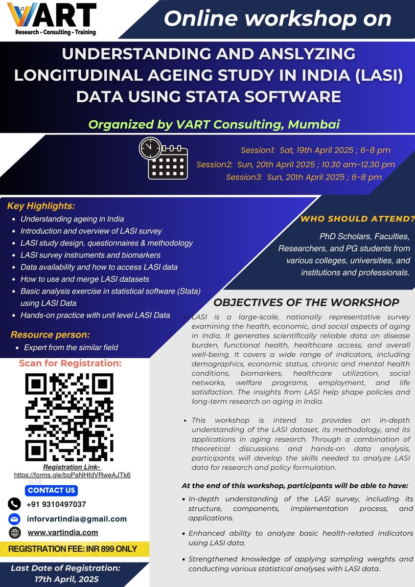 📢 Join Our Workshop on LASI Data Analysis!
Unlock the power of Longitudinal Ageing Study in India (LASI) data for research and policymaking!

📅 Date: 19-20 April 2025
 📍 Mode: Online
📌 Register Now! forms.gle/bpPaNHfdVRweAJ…