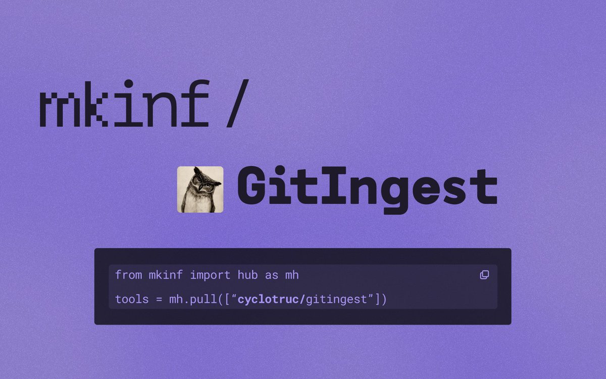 mkinf_io's tweet photo. 🚀 New Hosted Tool: GitIngest is Live!

We've just added GitIngest to our hosted tool library! Now you can effortlessly extract and structure code context from any Git repository.

Features:
✅ Generate a text digest from a Git repo URL or local directory
✅ Smart formatting optimized for LLM consumption
✅ Extract file structure, repo size, and token count stats

Give it a try and let us know what you think! https://t.co/RVWEMSXOmn

Built and maintained by @romdot2