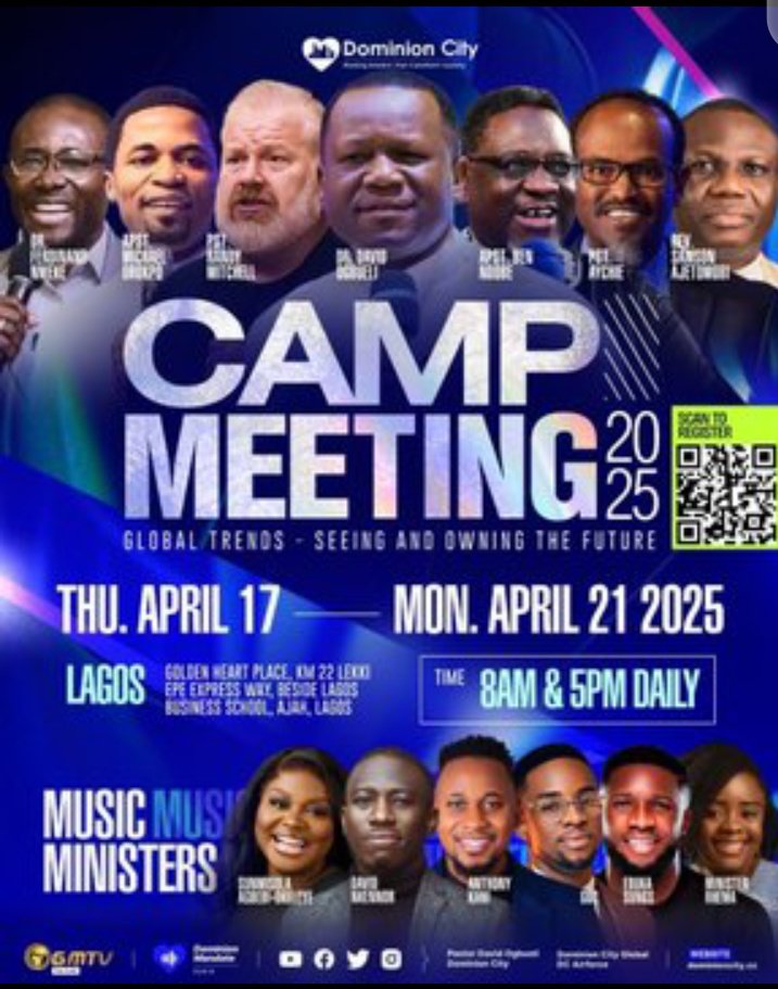 Its Dominion City's "Champions League Season" - Camp Meeting.

O yes!
You can't miss it if you are in Lagos and hungry for God and what God can do.

Get ready,plan,attend and come expectant at the #dccampmeeting2025;
Miracle no dey tire Jesus. Come let's worship.

#DominionCity