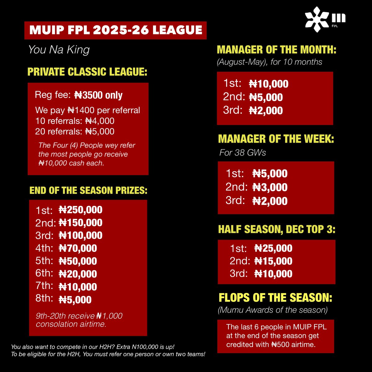 ManUtdInPidgin's tweet image. 🚨 You wan battle for ₦1,500,000?
DM @MuipFPL Now!
⛔️ Deadline for Registration: Sep 30th.
#YouNaKing