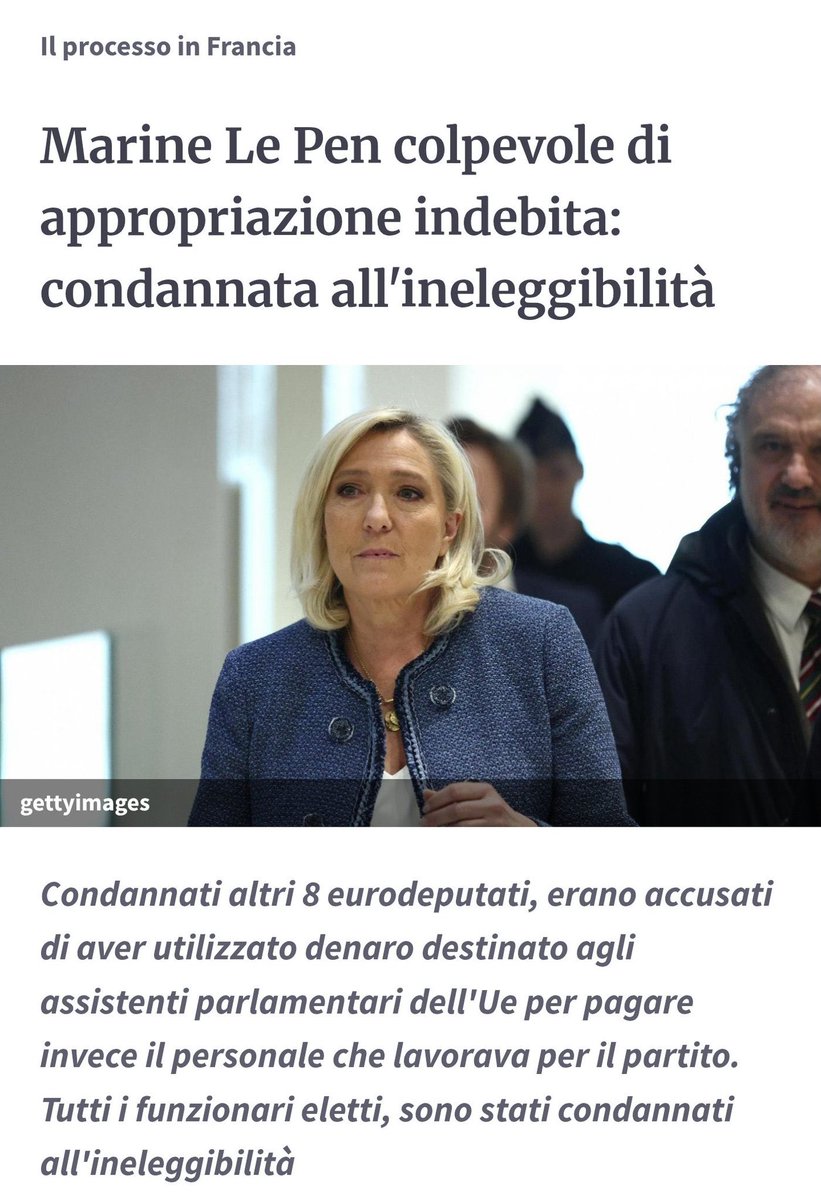 Marine Le Pen condannata perché gli assistenti europarlamentari del suo partito svolgevano attività anche per il partito.

Esattamente come fanno (quasi?) tutti gli altri assistenti europarlamentari di altri partiti. 

Ovviamente ci aspettiamo che la magistratura francese faccia