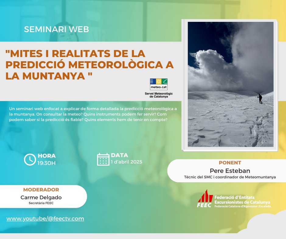 📢 Avui a les 19.30 h podeu seguir en directe un nou seminari web sobre seguretat a la muntanya.

"Mites i realitats de la predicció meteorològica a la muntanya" 📌

📺 Mira'l aquí ➡️tuit.cat/1kwH4

#sentlamuntanya #sommuntanya #somseguretat