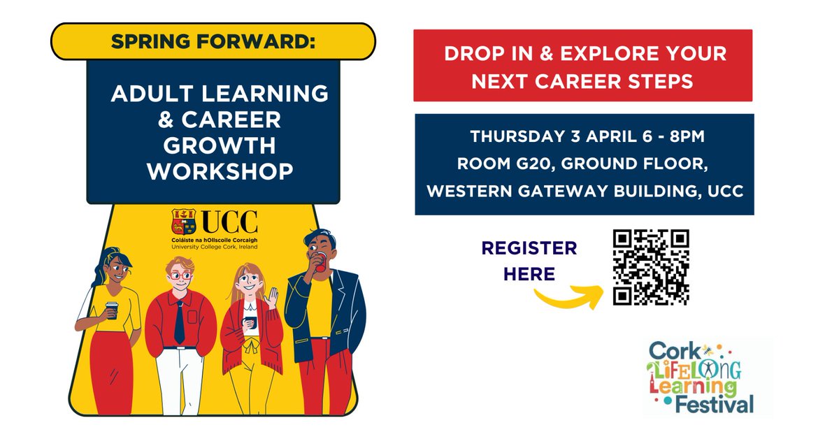 ACE UCC (@aceucc) on Twitter photo Spring Forward: Adult Learning & Career Growth Workshop <a href="/UCC/">UCC Ireland</a>🌱
Are you looking to upskill, change careers, or explore new learning opportunities?
Join us at for a free, interactive workshop
- 3rd April 2025
- UCC, G20, WGB, UCC
- 6pm-8pm
Register: ucc.ie/en/ace/news/sp… Spring Forward: Adult Learning & Career Growth Workshop <a href="/UCC/">UCC Ireland</a>🌱
Are you looking to upskill, change careers, or explore new learning opportunities?
Join us at for a free, interactive workshop
- 3rd April 2025
- UCC, G20, WGB, UCC
- 6pm-8pm
Register: ucc.ie/en/ace/news/sp…