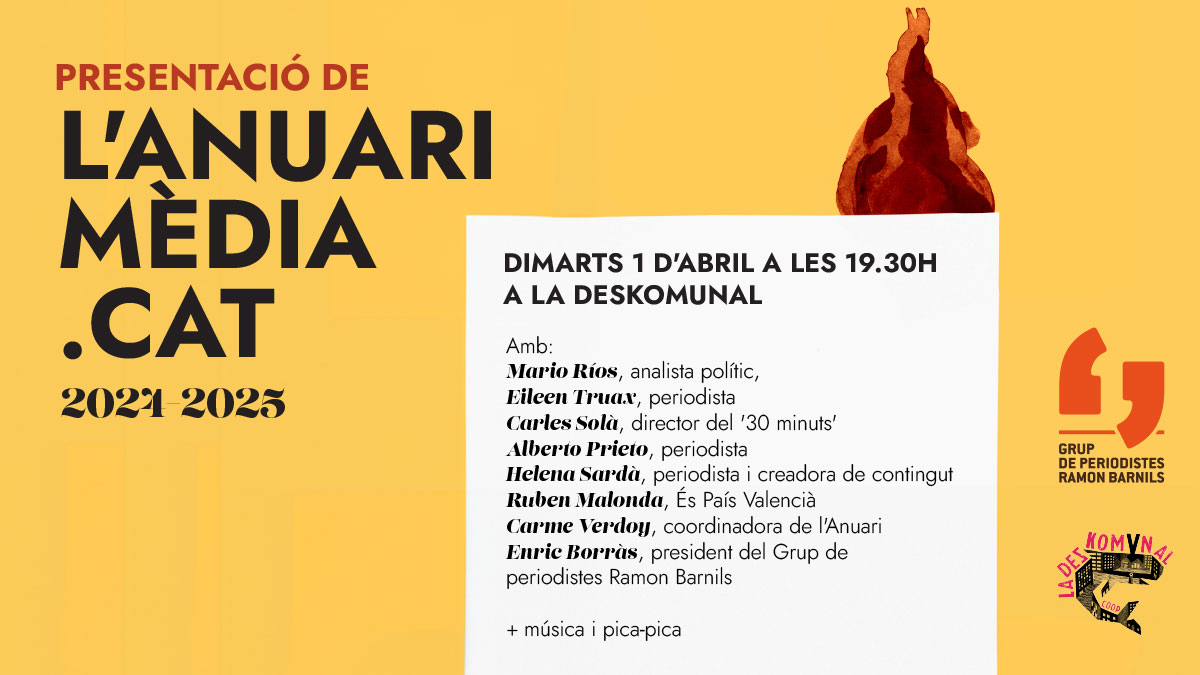 Mèdia.cat - Observatori Crític dels Mitjans (@mediacatcat) on Twitter photo 💥I avui ho celebrarem! Vine a buscar el teu Anuari en paper i brindem junts pel periodisme
A les 19.30 h presentarem l'Anuari a la <a href="/deskomunalcoop/">La Deskomunal</a> de Sants
🗣️Amb <a href="/EileenTruax/">✳️ Eileen Truax</a>, Mario Ríos, <a href="/_prietomal/">Alberto Prieto</a>, <a href="/sardahelena/">Helena Sardà</a>, <a href="/Quatrecantons/">Carles Solà</a>, Ruben Malonda, <a href="/enricb/">Enric Borràs Abelló</a> i @carmev 💥I avui ho celebrarem! Vine a buscar el teu Anuari en paper i brindem junts pel periodisme
A les 19.30 h presentarem l'Anuari a la <a href="/deskomunalcoop/">La Deskomunal</a> de Sants
🗣️Amb <a href="/EileenTruax/">✳️ Eileen Truax</a>, Mario Ríos, <a href="/_prietomal/">Alberto Prieto</a>, <a href="/sardahelena/">Helena Sardà</a>, <a href="/Quatrecantons/">Carles Solà</a>, Ruben Malonda, <a href="/enricb/">Enric Borràs Abelló</a> i @carmev